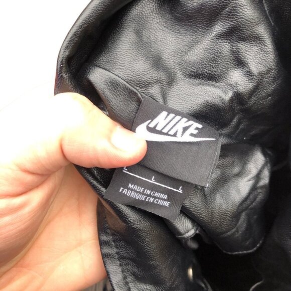 VINTAGE Nike Leather Jacket BIG LOGO Large Black - Picture 8 of 15